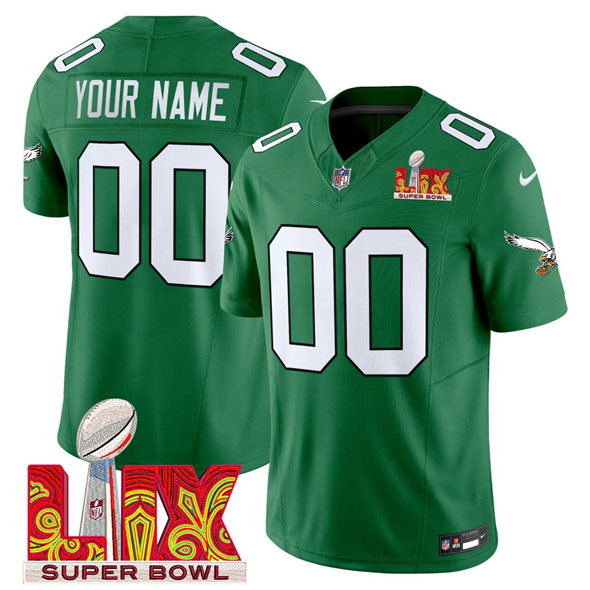 Men's Philadelphia Eagles Active Player Custom Kelly Green 2025 Super Bowl Champions LIX Patch F.U.S.E. Vapor Untouchable Limited Stitched Football Jersey